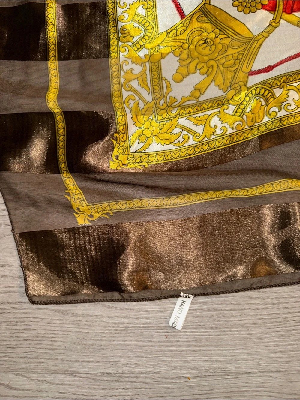 Elegant Brown, Gold & Red Silk Scarf